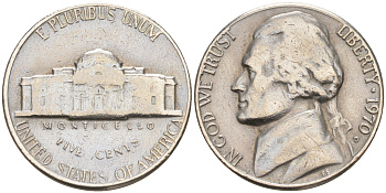 США 5 ЦЕНТОВ 1970 D, ДЖЕФФЕРСОН KM A192 медно-никель 190-116