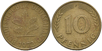 ФРГ 10 ПФЕННИГОВ 1972 F KM 108, J. 383 сталь плакированная латунью 75-1118