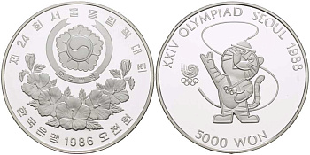 Южная Корея 5000 вон 1986 XXIV Летние Олимпийские игры в Сеуле 1988 года, олимпийский талисман KM 54 серебро PROOF 1072-10-25