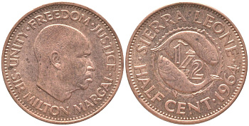 Сьерра-Леоне 1/2 цента 1964 Милтон Маргаи KM 16 бронза aUNC 73-116