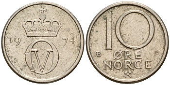 Норвегия 10 эре 1974 Улаф V (1958-1991) KM 416 медно-никель    4598-1218