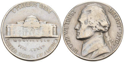 США 5 ЦЕНТОВ 1970 D, ДЖЕФФЕРСОН KM A192 медно-никель 190-116