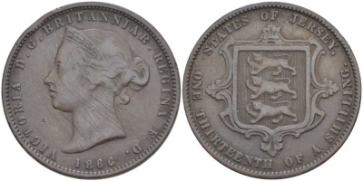 Джерси 1/13 шиллинга 1866 Виктория (1837-1901) KM 5 бронза 3996-416