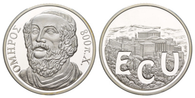 Греция 1 экю ND (1993) Гомер, с сертификатом подлинности X 44 серебро PROOF 1083-5-41