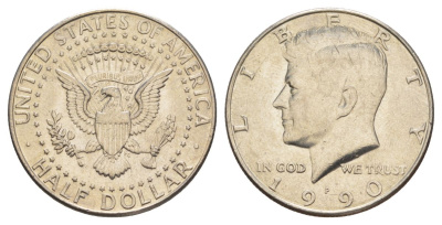 США 1/2 доллара (50 центов) 1990 P, Джон Кеннеди KM A202b медь плакированная медно-никелем aUNC 4517-616