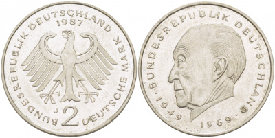 ФРГ 2 МАРКИ 1987 J, КОНРАД АДЕНАУЭР KM 124, J. 406 медно-никель плакированный никелем 3718-946