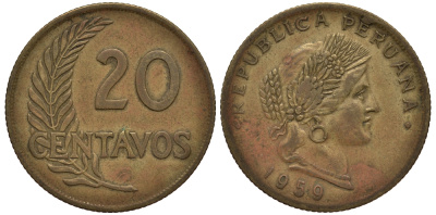 ПЕРУ 20 СЕНТАВО 1959 KM 221.2 латунь VG 4182-545