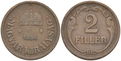 Венгрия 2 филлера 1936 BP KM 506 бронза 4115-1145
