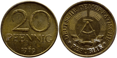 ГДР 20 пфеннигов 1969 А, первый год KM 11 латунь UNC 4398-1033