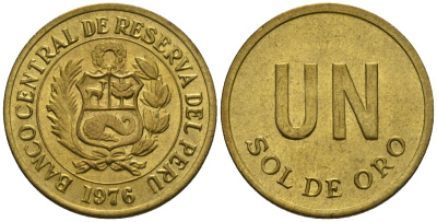 Перу 1 соль 1976 KM 266.1, Schoen 66 латунь UNC 4514-547