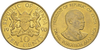 Кения 10 центов 1990 Дэниэл арап Мои KM 18 никель латунь 3855-1242