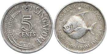 СИНГАПУР 5 ЦЕНТОВ 1971 FAO, РЫБА KM 31 алюминий 55-157