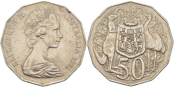 Австралия 50 центов 1972 Елизавета II (1952-2022), герб Австралии, кенгуру KM 68 медно-никель 107-112