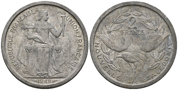 Французская Новая Каледония 2 франка 1949 птица кагу, (IEOM) KM 3, Schoen 3, Lec 55 алюминий    08-441