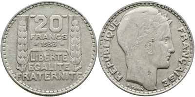 Франция 20 франков 1933 Пьер Тюрен KM 879, Le Franc 400.3 серебро 441-1641