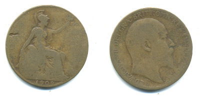 Великобритания 1 пенни 1909 Эдуард VII (1901-1910) KM 794.2, Spink 3990 бронза 4383-615