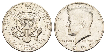 США 1/2 доллара (50 центов) 1974 Джон Кеннеди KM 202b медь плакированная медно-никелем aUNC 4536-724