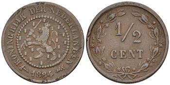 Нидерланды 1/2 цента 1884 Виллем III (1849-1890) KM 109 бронза 4576-262