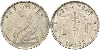 БЕЛЬГИЯ 1 ФРАНК 1922 BELGIE KM 90 никель 4546-217