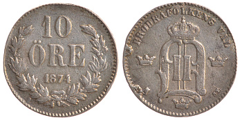 Швеция 10 эре 1874 Оскар II (1872-1907) король Швеции и Норвегии KM 737 серебро 4179-511
