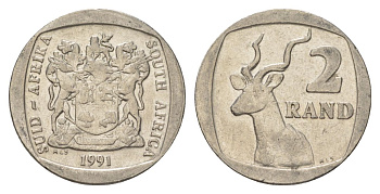 ЮАР 2 ранда 1991 KM 139 медь плакированная никелем 4626-1131