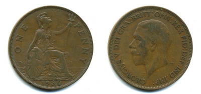 Великобритания 1 пенни 1930 Георг V (1910-1936) КМ 838, Spink 4055 бронза 41-1034
