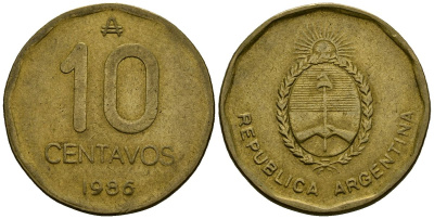 Аргентина 10 сентаво 1986 герб KM 98 латунь 4167-317