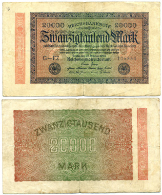 ГЕРМАНИЯ 20000 МАРОК 1923 20 ФЕВРАЛЯ 1923, ВОДЯНОЙ ЗНАК L Pick 85a бумага 7547-84-3-2