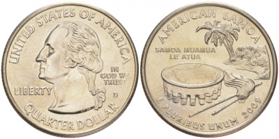 США 25 центов = квотер 2009 D, серия штаты США, Американское Самоа KM 448 медь плакированная медно-никелем UNC M32-18