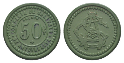 Чили, Антофагаста (Antofagasta) шахтерский жетон с Селитряного рудника для покупки в местных магазинах, номиналом в 50 сентаво около 1904 диаметр 31 мм, вес 2,58 гр Espinosa 22.5 эбонит (зеленый) 1094-4-64