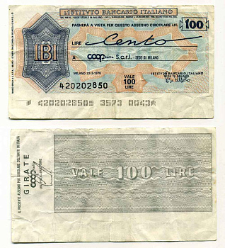 Италия чек на 100 лир 1976 Istituto Bancario Italiano, COOP talia S.C.r.l. SEDE Di Milano, 22 марта 1976 Милан бумага 8588-12-3-1