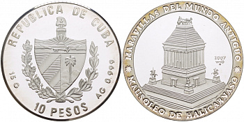 Куба 10 песо 1997 серия семь чудес света, мавзолей в Галикарнасе KM 599 серебро  PROOF 1074-6-14