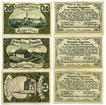 Австрия, Эггердинг набор из 3 банкнот 20, 30, 50 геллеров 1921 31 декабря 1920, нотгельд, коммуна в земле Верхняя Австрия   бумага  UNC (пресс) 7555-25-1-1