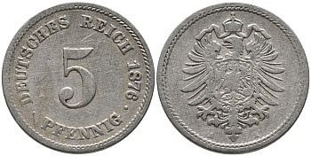 ГЕРМАНИЯ 5 ПФЕННИГОВ 1976 А, СТАРОГЕРБОВКА KM 3, J.3 медно-никель 96-616