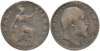 Великобритания 1/2 пенни 1902 Эдуард VII (1901-1910) KM 793.2, Spink 3991 бронза 34-216