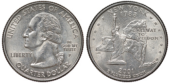 США 25 центов = квотер 2001 Р, серия штаты США, Нью-Йорк KM 318 медь плакированная медно-никелем 4539-134