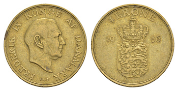 Дания 1 крона 1956 C, Фредерик IX (1947-1972) KM 837 алюминиевая бронза 4638-733