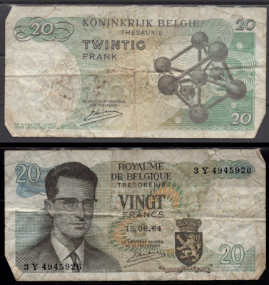 Бельгия 20 франков 1964 Бодуэн I; Атомиум, Брюссель Pick 138 (3) бумага 7548-116-3-1