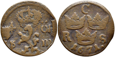 Швеция 1/6 эре 1671 Карл XI (1660-1697) KM 254 медь 4395-1121