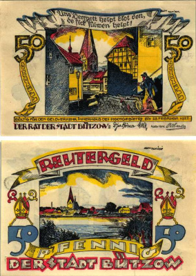 БЮТЦОВ 50 ПФЕННИГОВ 1922 НОТГЕЛЬД, 28 ФЕВРАЛЯ 1922, ЗЕМЛЯ МЕКЛЕНБУРГ, ПЕРЕДНЯЯ ПОМЕРАНИЯ Grabowski 205.1 бумага 6318-41-1-1