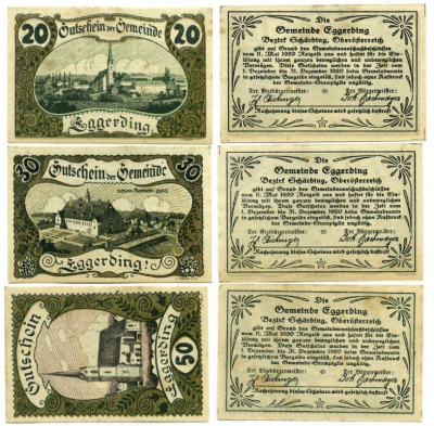 Австрия, Эггердинг набор из 3 банкнот 20, 30, 50 геллеров 1921 31 декабря 1920, нотгельд, коммуна в земле Верхняя Австрия   бумага  UNC (пресс) 7555-25-1-1