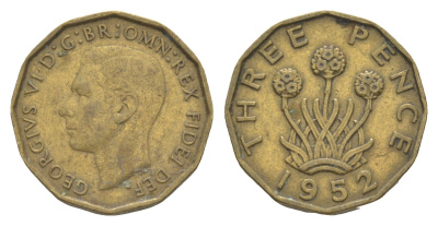 Великобритания 3 пенса 1952 Георг VI (1936-1952) KM 873, Spink?4113 латунь 4571-455