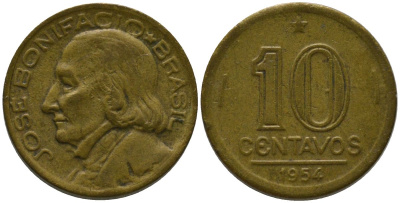 Бразилия 10 сентаво 1954 Жозе Бонифасиу де Андрада и Силва KM 561, Schon 66 алюминиевая бронза 4567-922