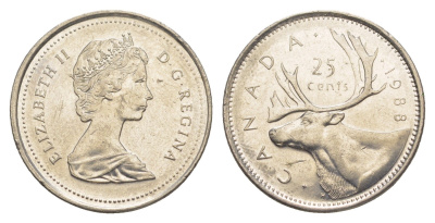 Канада 25 центов 1988 Елизавета II (1952-2022), олень KM 74 никель 4637-834