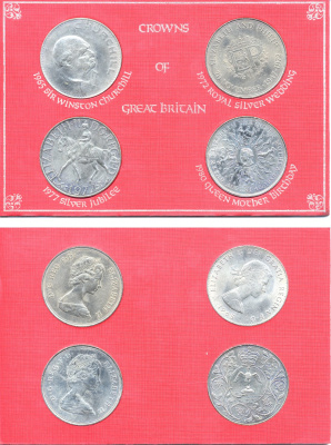 Великобритания набор из 4 монет 1965-1980 в пластике, 1 крона 1965 Черчилль KM 910, 25 пенсов 1972 серебнная свадьба КМ 917, 25 пенсов 1977 25 лет правления КМ 920, 25 пенсов 1980 80 лет королева матери КМ 921 медно-никель UNC 5-2-6