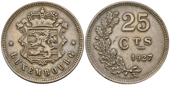 Люксембург 25 сантимов 1927 Шарлотта (1918-1964) KM 37 медно-никель 4122-513