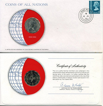 ГОНКОНГ 2 ДОЛЛАРА 1975 монета в конверте с маркой и спецгашением UNC 4294-15-3