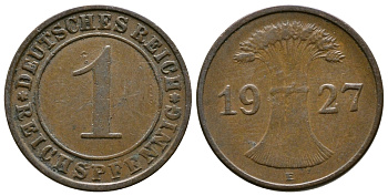 ГЕРМАНИЯ 1 РЕЙХСПФЕННИГ 1927 E KM 37, J. 313 бронза 4380-1141