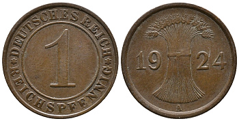 ГЕРМАНИЯ 1 РЕЙХСПФЕННИГ 1924 A KM 37, J. 313 бронза 39-851