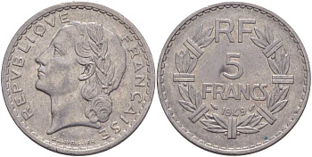 Франция 5 франков 1949 тип Лаврийе KM 888b.1, LE FRANC 339.17 алюминий 3333-141